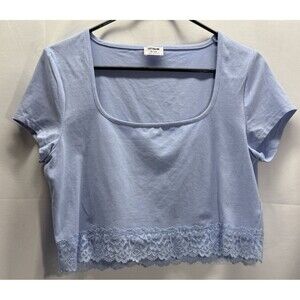Cotton-On Womens Blue Square-Neck Cropped Tee With Lace Size XL